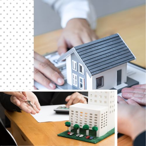 This photo is in the image-in-image format the upper right corner has a model house on a platform with a set of hands holding it steady on either side showing the solid carriers White Oak Insurance Has partnered with. In the lower-left corner is an image of a model condo building with someone ready to sign papers.